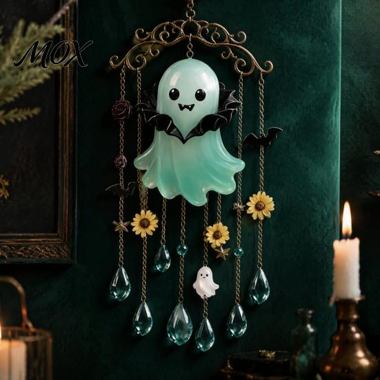 Alloy Chain Wind Chime Halloween Ghost Decoration, Vintage Sun Catcher with Faux Crystal Hanging Ornament Drops Tassels, Acrylic for Holiday