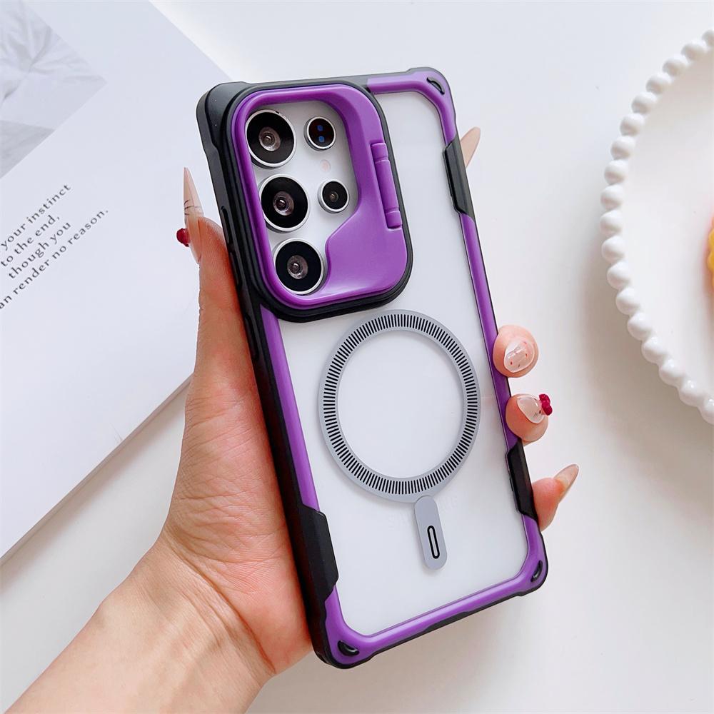 Contrast Color Armor Magnetic Lens Holder Stand Case For Samsung Galaxy S25 Edge S24 Ultra Plus For Magsafe Transparent Cover