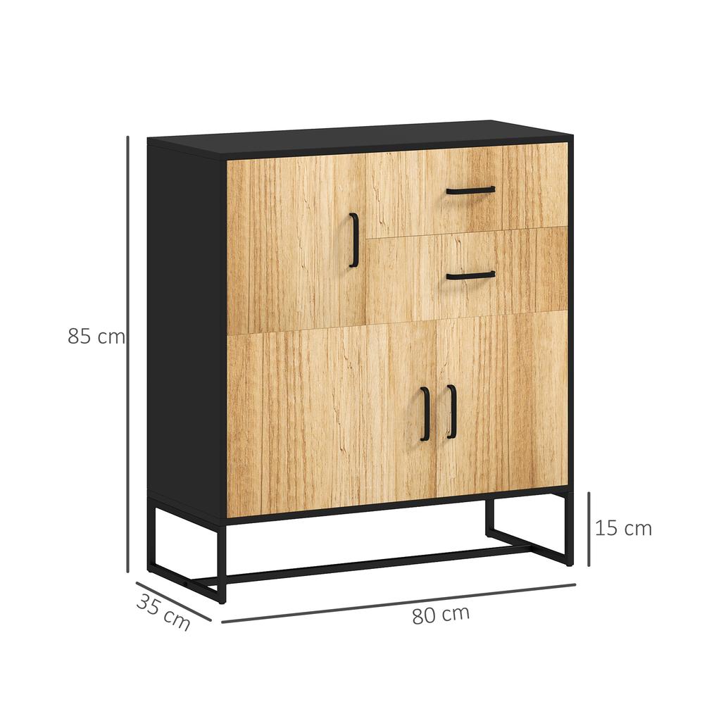 Modern Storage Sideboard with 3 Cabinets and 2 Drawers, Multipurpose Cabinet in Particle Board and Steel, 80x35x85 cm, Black and Wood