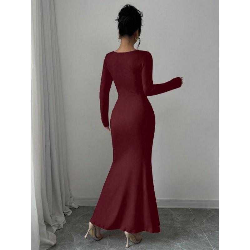 Elegant Sexy Long Sleeved Fishtail Dress Tight Fit Spring Pleated Square Collar Solid Color Party Maxi Long Dresses Evening Spring Bodycon Dress