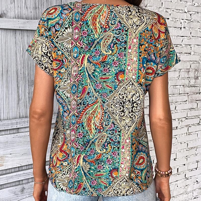 Bluză de femei retro imprimeu boemă de vară Topuri casual Elegante de plajă cu mâneci scurte cămăși largi pentru femei Moda vacanță bluze pentru femei 24482