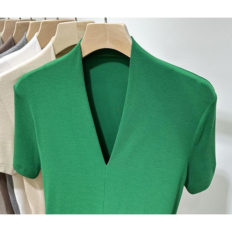 Threaded Fashion V-neck Short-sleeved T-shirt Women's Summer New Slim-fit Half-sleeved T-shirt Top