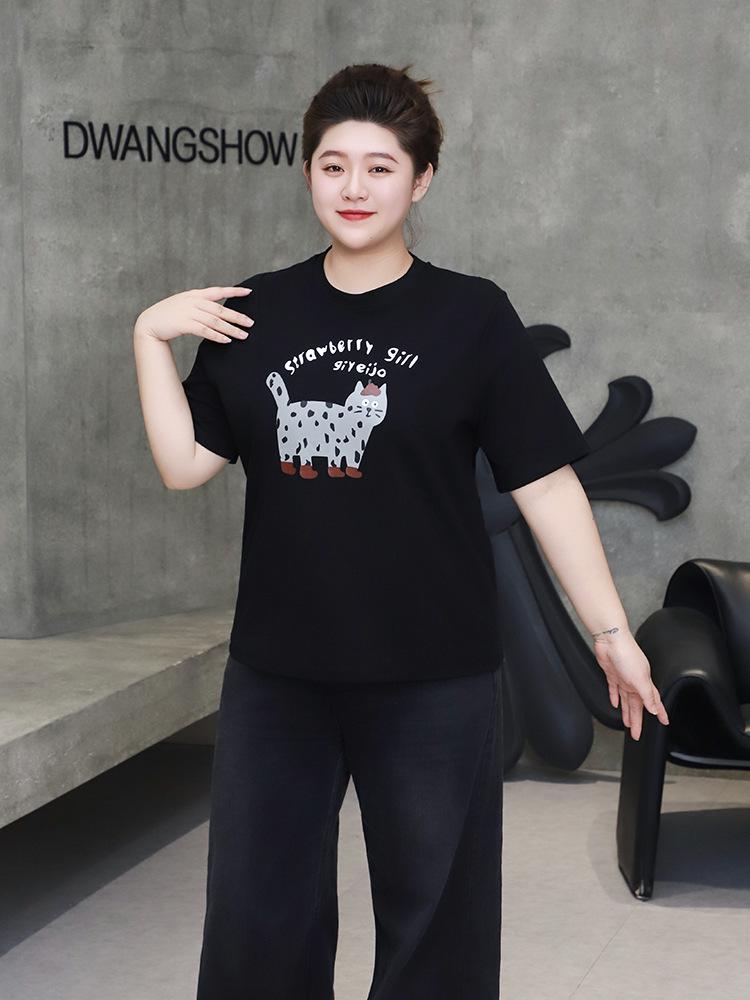 2025 Winter Plus Size Women's Screen-Printed Cat Short Sleeve, Round Neck, Thick Cotton Top – Comfortable and Versatile.