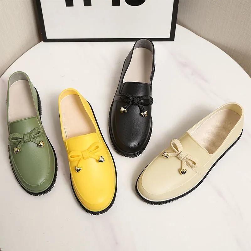 Fashion Stylish Bowknot Rain Shoes Women's Comfy Low Heels Rainshoes Woman Soft Kitchen Galoshes Lady Anti-skid Slip On Waterproof Shoes