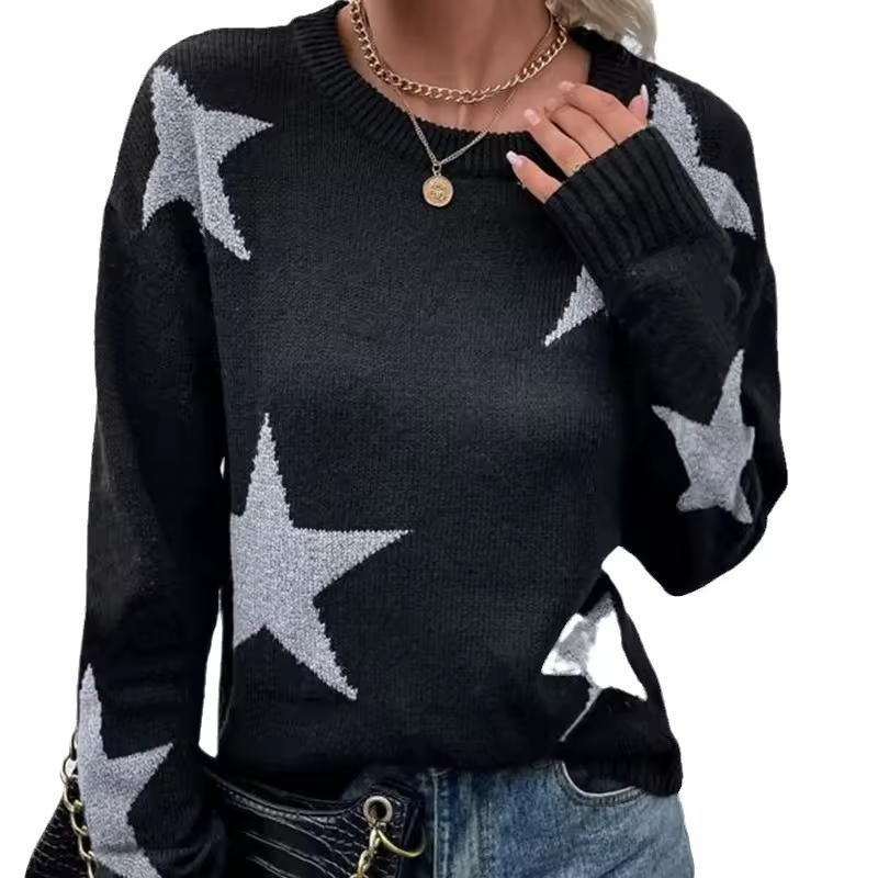 Women Sweaters Print Knit Long Sleeve Round Neck Spliced Top Pullovers Jumpers Straight Elegant Lady Casual Autumn