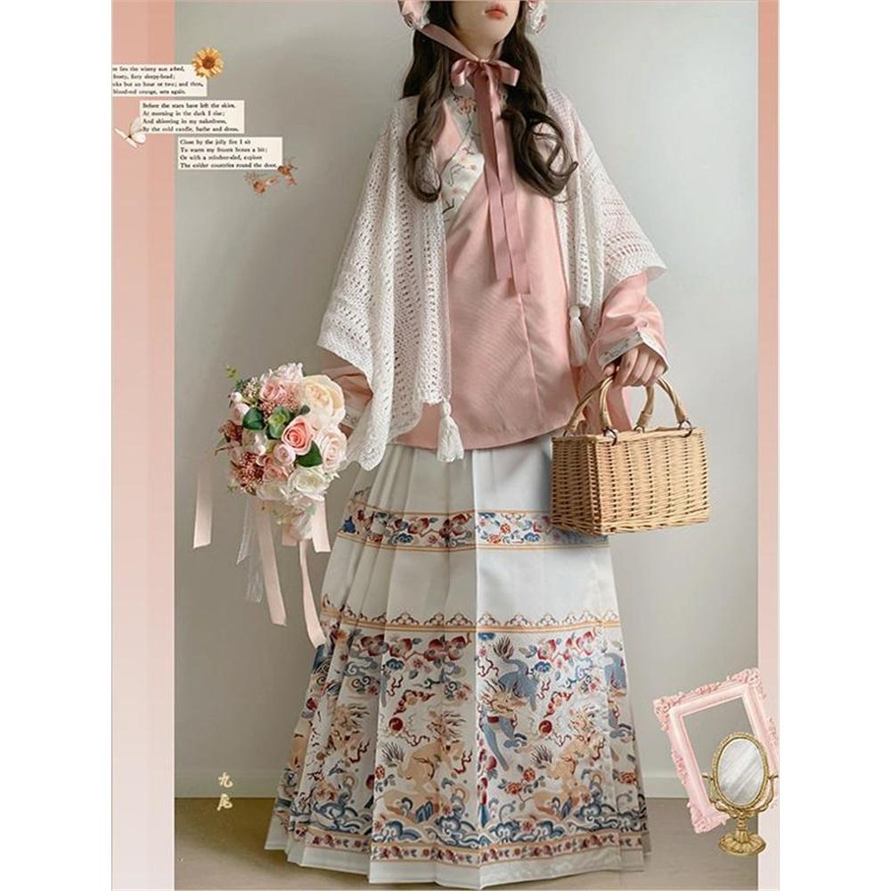 Chinese Ming Dynasty Style Hanfu Cross-collar Short Shirt Pipa Sleeve Horse-face Skirt Mixed And Match Lolita Style Suit