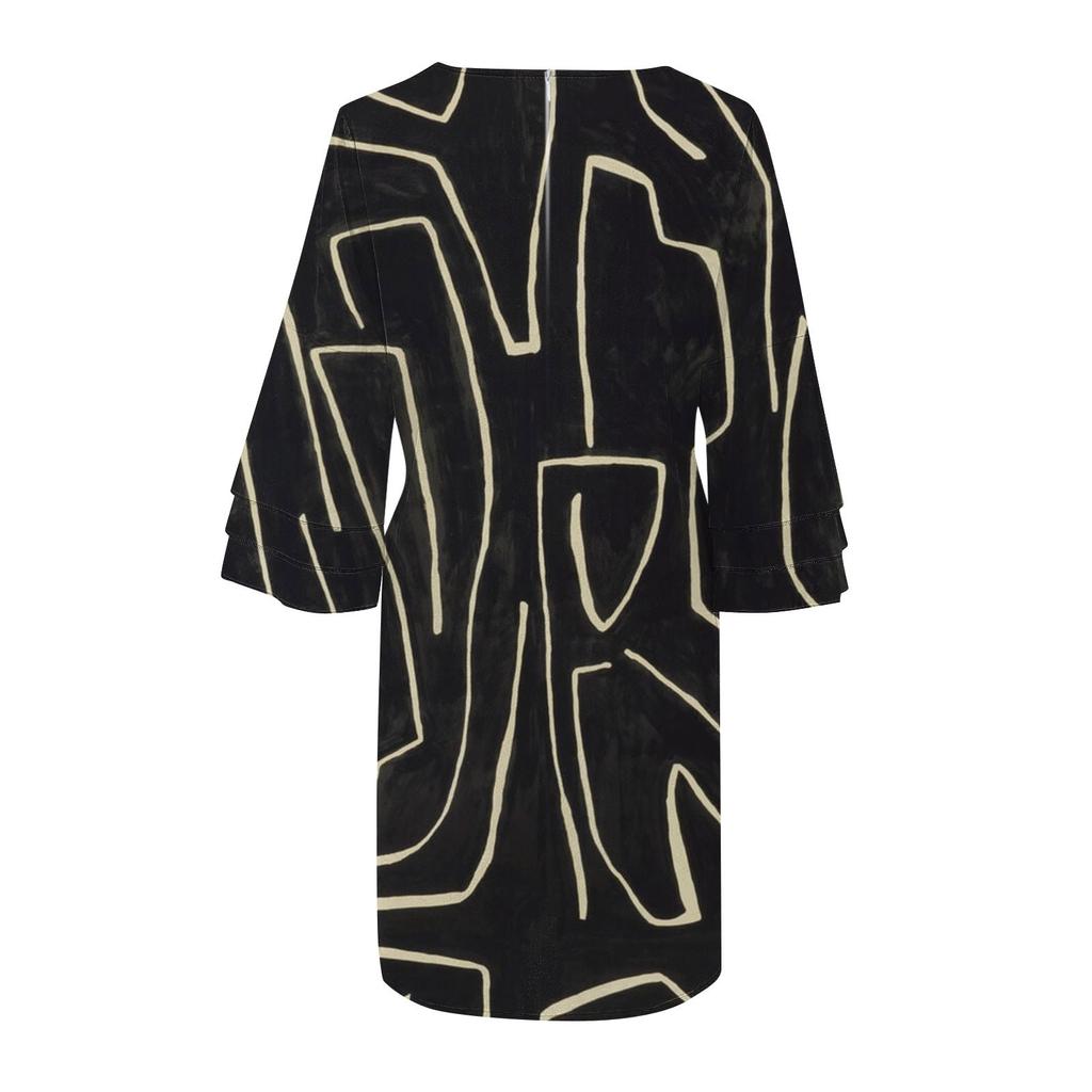 Women's Fashion Temperament Elegant Fresh Printed V-Neck 3/4 Sleeves  Dress