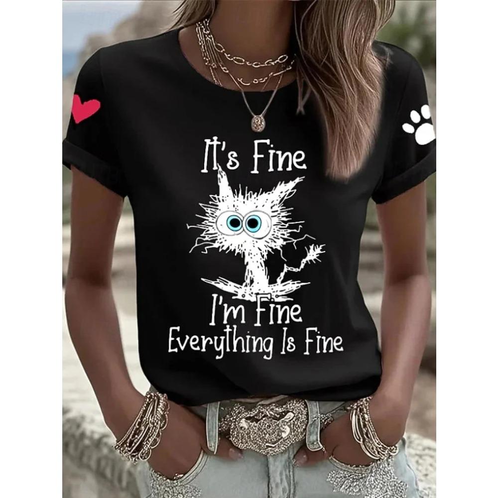 Fashion Women Retro Creative Black Cat Text Print T Shirt Funny Casual O-neck Short Sleeves T-shirt Summer Female Tee Shirt