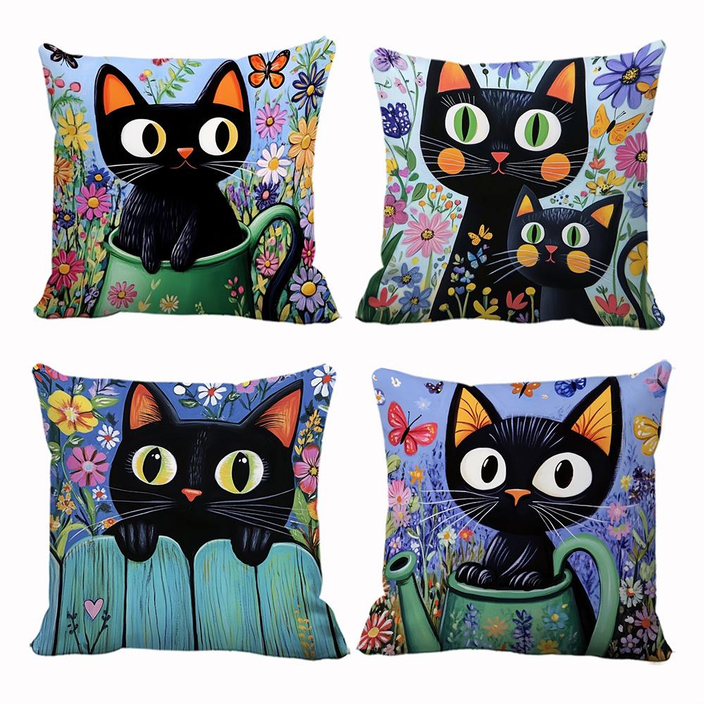 1/4pcs Black Cat Themed Floral Print Pillowcases Sofa cushion cover home bedroom room decoration