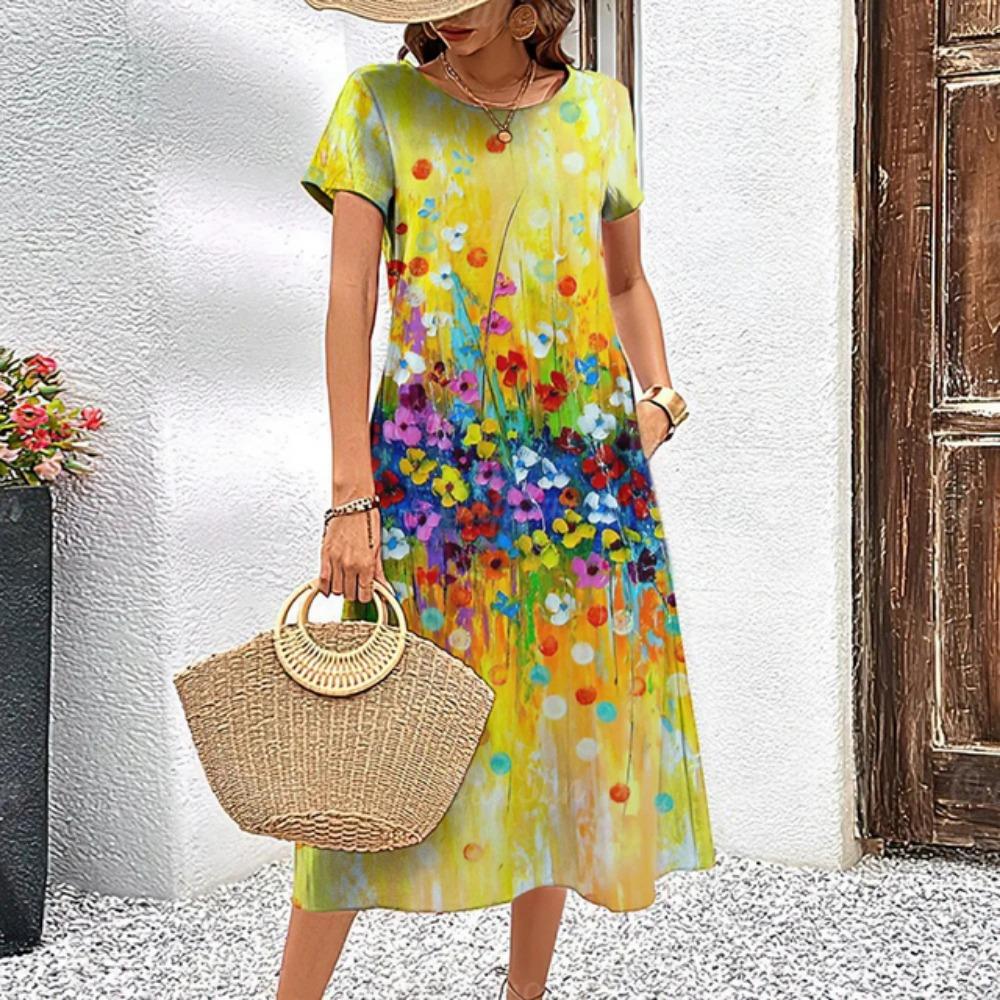 Letnie luźne i eleganckie ubrania damskie Kwiecista sukienka z krótkim rękawem Sukienka na imprezę wieczorową Okrągły dekolt Sweter Ubrania uliczne