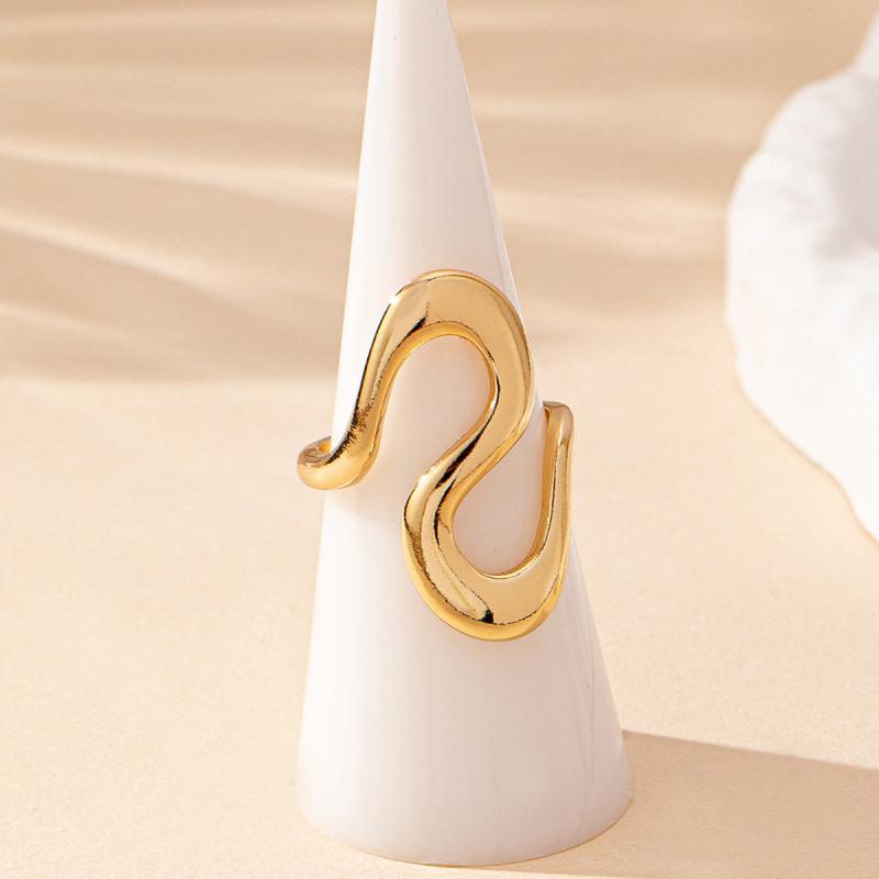 Gold Color Stainless Steel Curved Rings for Women Vintage Irregular S-Shaped Open Ring Waterproof Wedding Aesthetic Zircon Gift