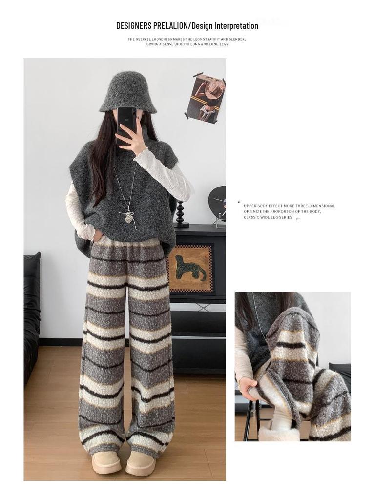 Women's High Waist Shaggy Stripe Casual Pants - Autumn/Winter Slimming Wide Leg for Lounging & Walking