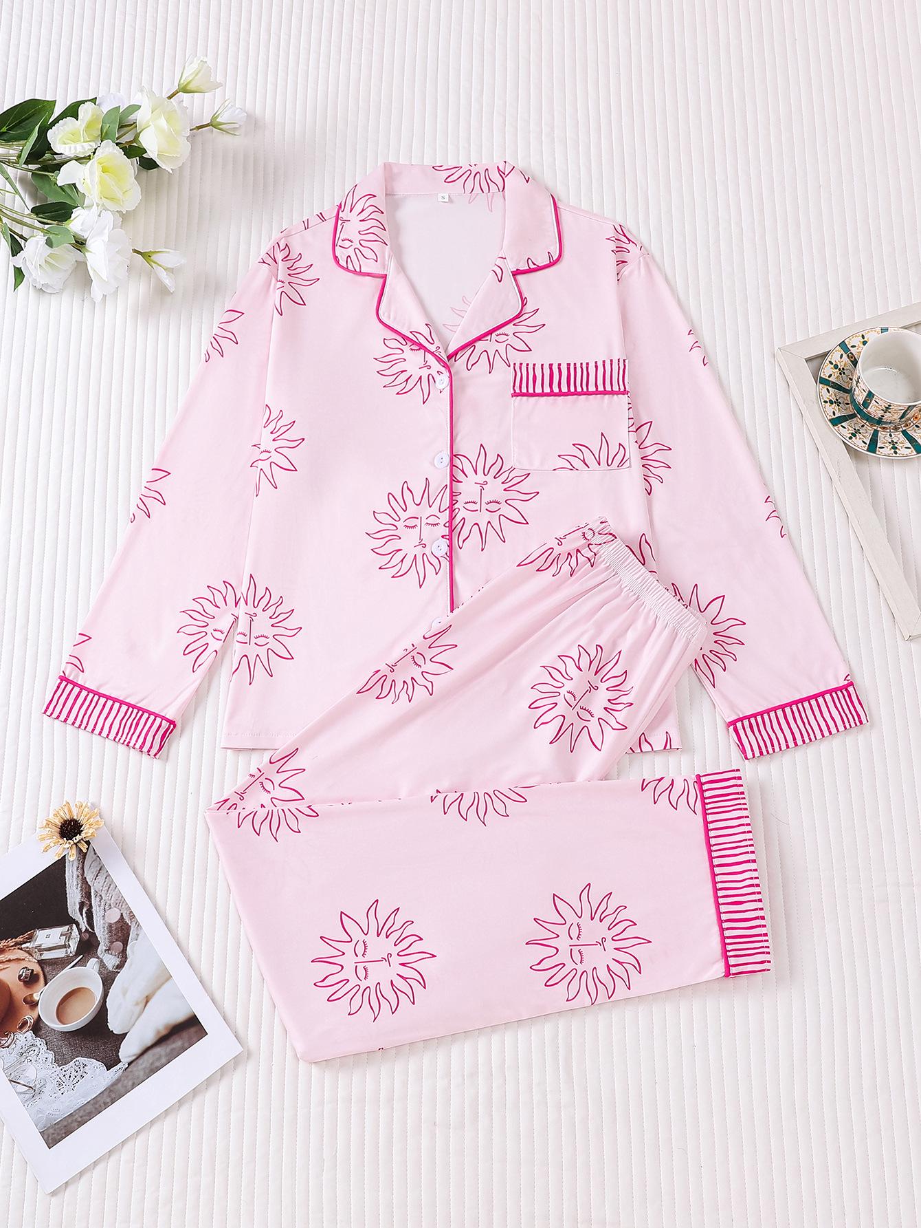 

Комплект домашней одежды: кардиган с лацканами и брюки с принтом солнца - Повседневный, удобный, с короткими рукавами Extra Large