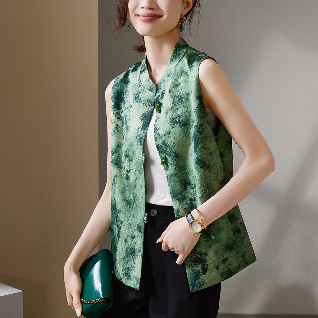 New Chinese Style Printed Vest Jacket for Women
