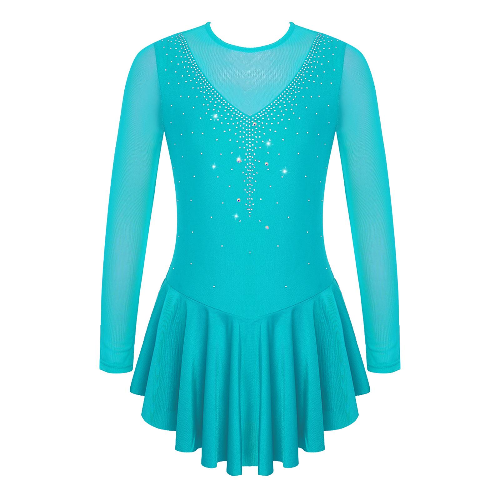 

Girls Performance Dress Sparkly Rhinestones V Front Patchwork Design Hollow Back Long Sleeve Skating Costume 15-16 Years