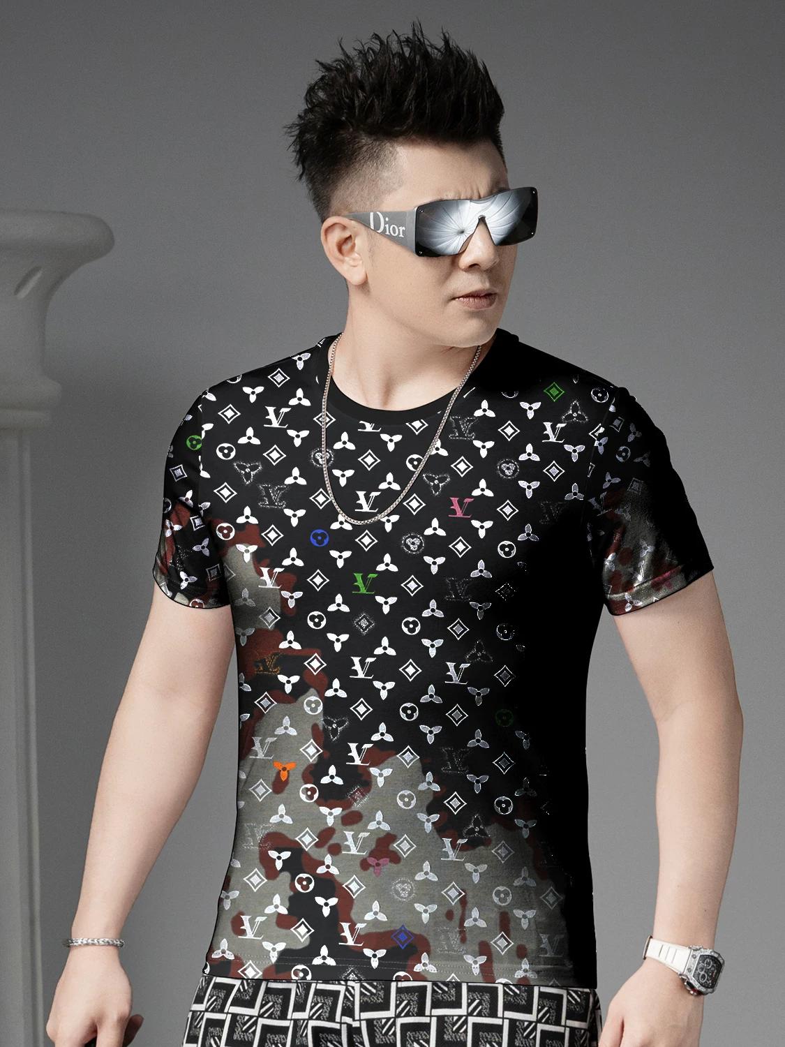 

European Goods round Neck Short sleeve T-shirt Men s Summer 2025 New Fashion Brand Print Half Sleeve Men s T-shirt Casual Top 4XL чёрный