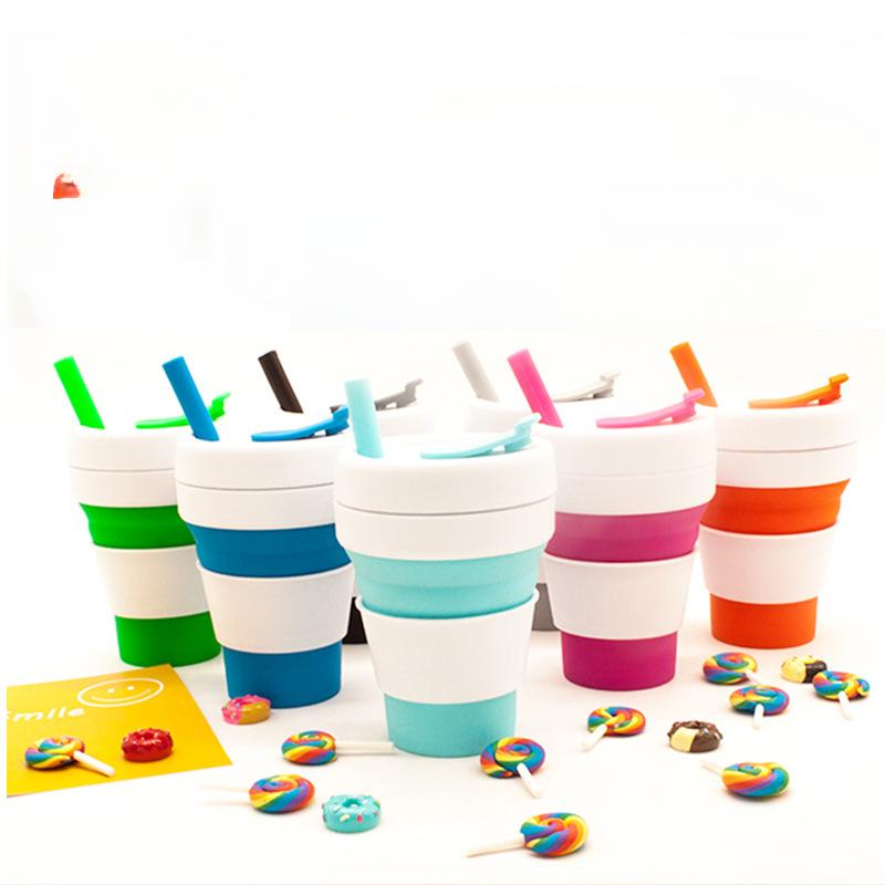 Silikonový kávový hrnek Skládací Stlačitelný Pohárek na vodu Kapesní hrnek Zatahovací Láhev na vodu Pohár na vodu se slámkou 350 ml