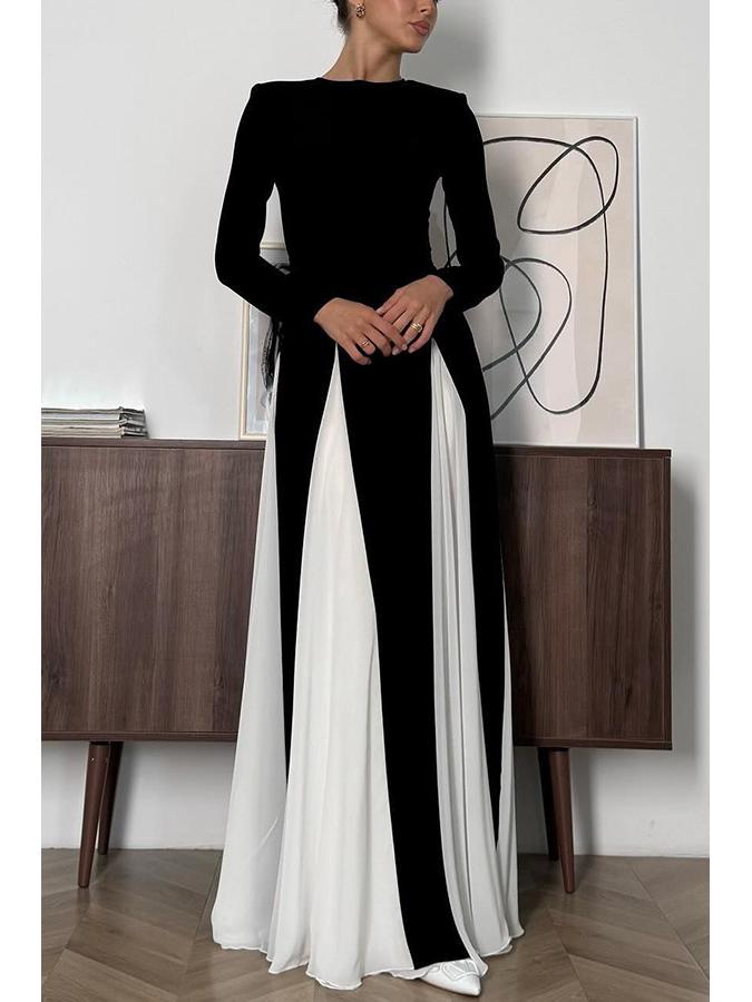 European and American Color-Block Long-Sleeve Women's Party Dress - Casual and Loose Fit