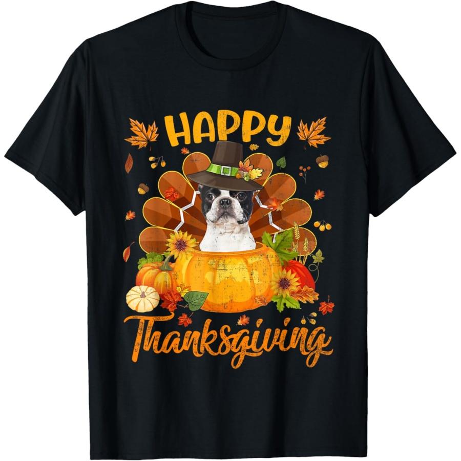 Happy Thanksgiving Boston Terrier Dog Turkey Pumpkin T-Shirt S