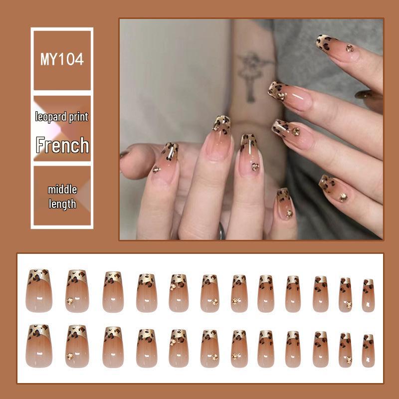 

Leopard Print Cat Eye Press-On Nails with 3D Rhinestones, 24 Medium-Long T-Shape Pieces