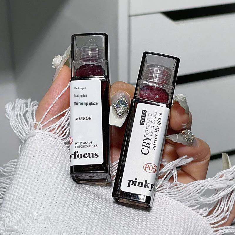 PinkyFocus Black Crystal Light Mirror Lip Gloss - Cool-Toned Nude Gray Pink Makeup for Students