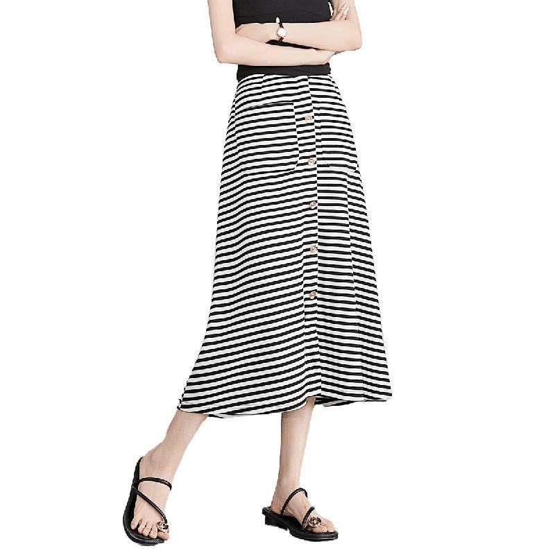 Demana Classic Stripe A-Line High-Waist Mid-Length Skirt