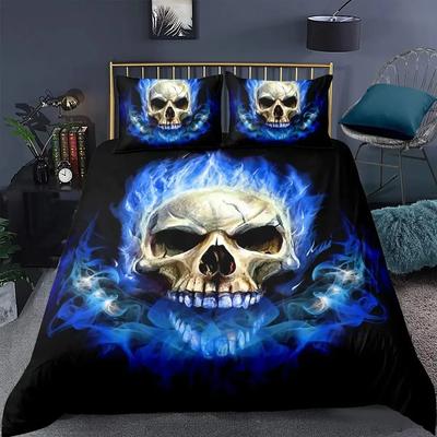 Schwarz Blaue Flamme Schädel Bettbezug Set Doppelgröße 3D Skelett Knochen Bettwäscheset Gothic Bettdeckenbezug Horror Schädel Steppdeckenbezug