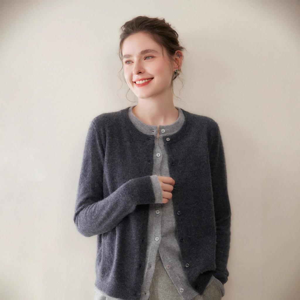 New Women's Cashmere Cardigan: Two-Piece Knit Sweater Coat, Loose, Slimming, Thickened, Round Neck, Color Block Design.