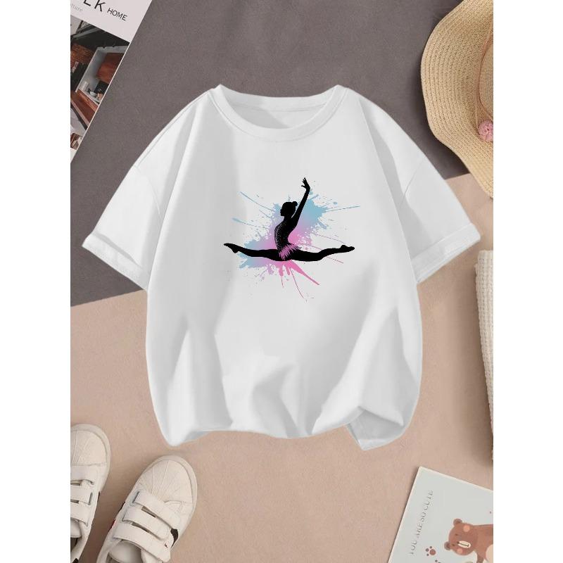 European Sizes Girls' Cotton T-Shirt with Ballet Dancer Graphic Print - Soft Stretch Round Neck Summer Casual Top