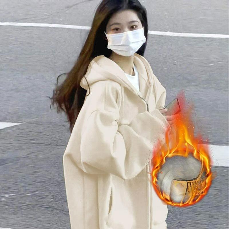 Jacket Women's Spring, Autumn and Winter Models Plus Velvet Hooded Sweater Women's Small Lazy Style Loose Casual Cardigan