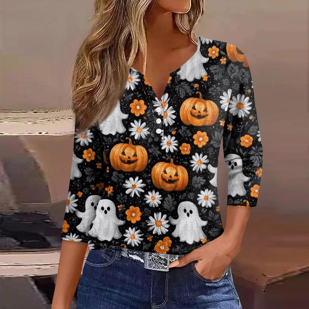 Damen V-Ausschnitt Knopf Halloween Dreiviertelarm T-Shirt Top