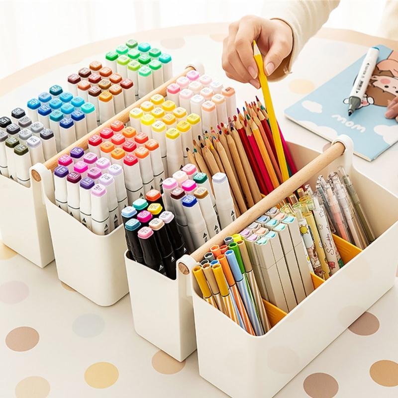 Practical Storage Box with Wooden Handle Multi Compartment Table Storage Box for Sorting Stationery Notebooks Folders