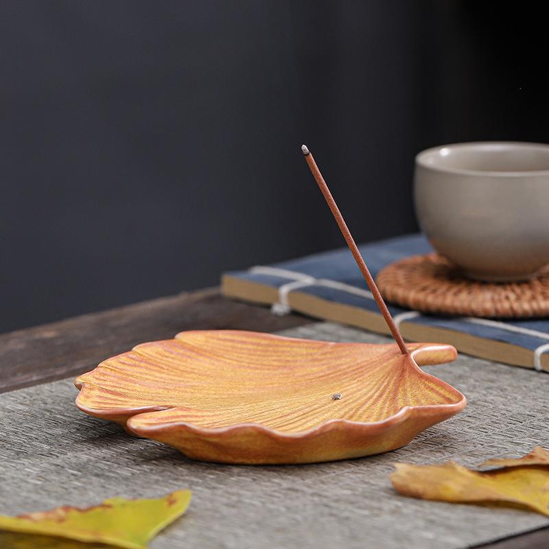 Ceramic Ginkgo & Bodhi Leaf Incense Holder - Creative Home Decor Ornament