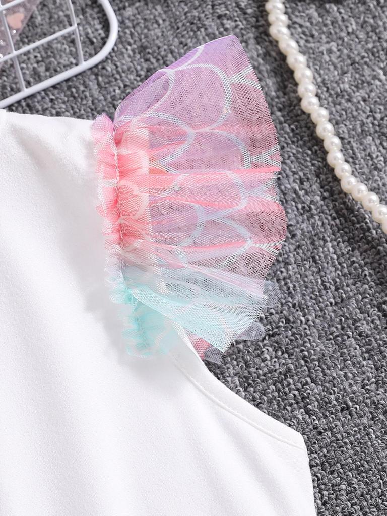 Comfort Princess Dress, Bubble Letter Print Mermaid Scale Tulle Skirt for Little Girls