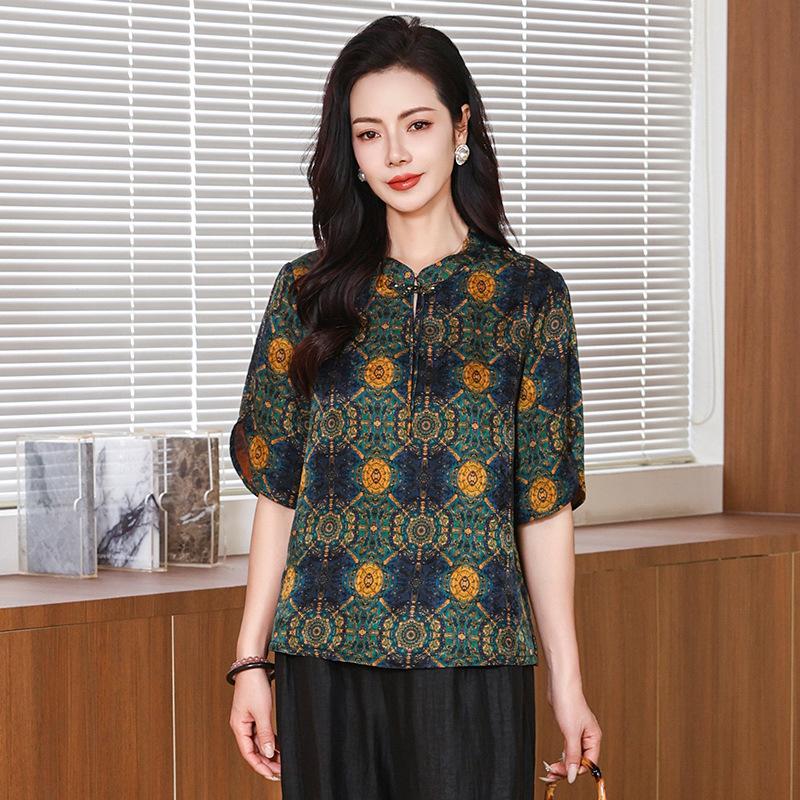 Hualuo Fragrant Cloud Yarn Shirt Mother Outfit Summer Retro Stand-up Collar Silk Shirt Medium Sleeve Silk Top Women