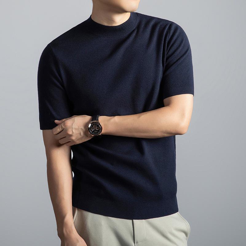 Мужской свитер с полувысоким воротником шерсть лиоцелл узор крестик машинная стирка короткий рукав коллекция ОсеньЗима 2025 L синий 2880₽