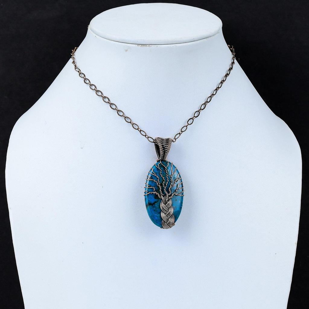 Funkelnder Lebensbaum Blauer Azurit Edelstein Reiner Kupferdraht Wickel Handgefertigter Schmuck Anhänger