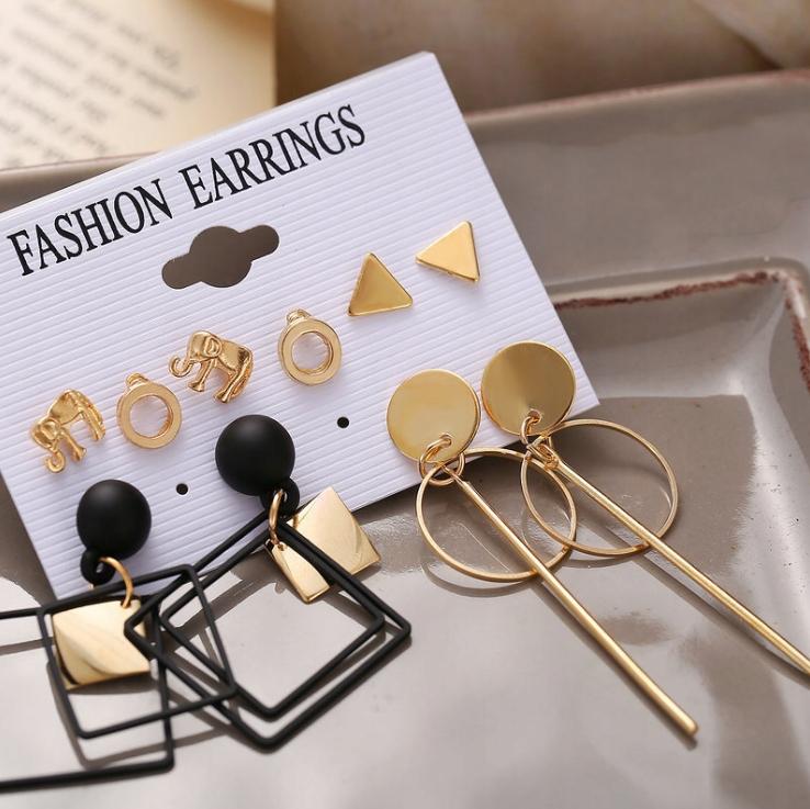 Set of 6 Pairs of Hoop Stud Earrings In Gold Square Elephants
