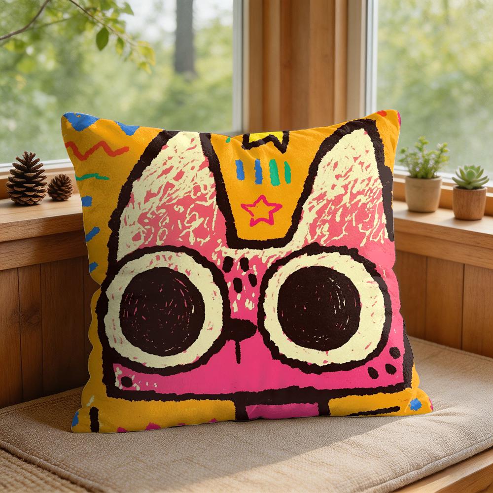Art Dopamine Doodle Cat Cushion Cover Silky Short Plush Invisible Zipper Dustproof Sofa Pillow Case For Home Decor