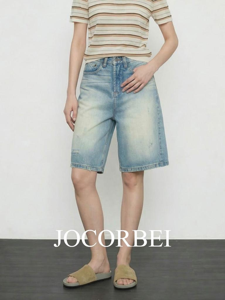 JOCORBEI Retro Ripped Cotton Distressed Straight Denim Shorts (Spring 2026)