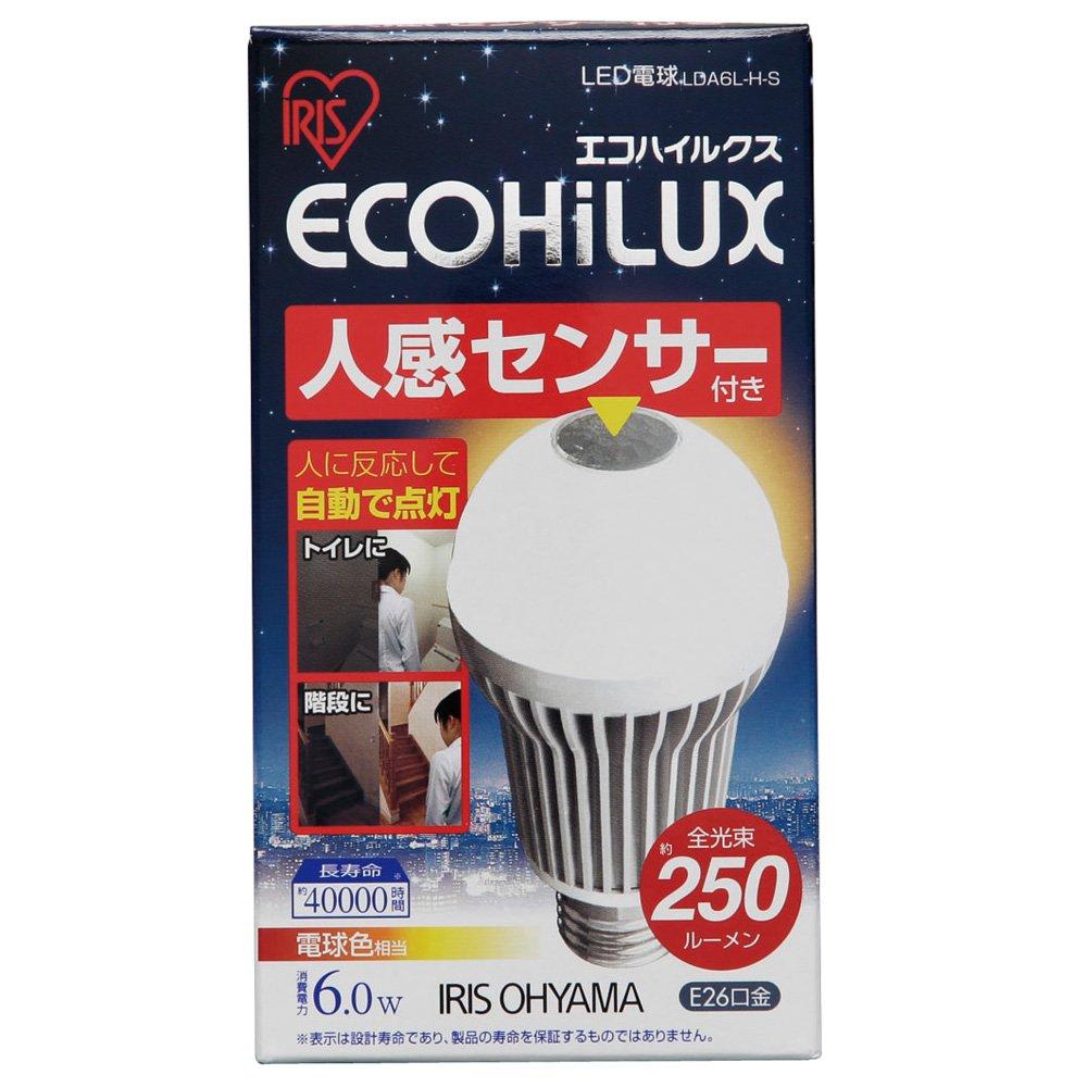 Iris Ohyama Eco Hilux LDA6LHS LED Bulb, 26mm Base Diameter, 20W Equivalent, Warm White, Downward Facing, Motion Sensor