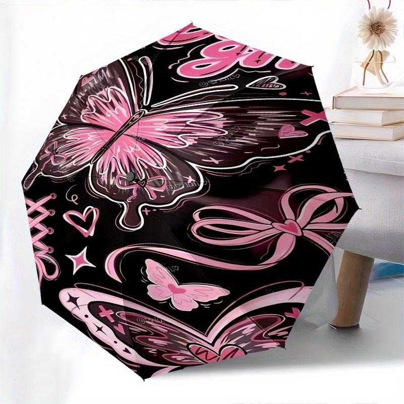 Butterfly, pink, Y2K Automatic folding umbrella simple eight rib design, bright color pattern, durable iron frame, ideal for travel and out