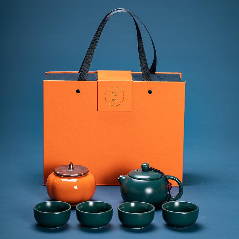 

Керамический набор для чая Кунг-фу Печь Жу Боковой чайник Чашка для чая Расписанный золотом Ретро Бизнес-подарки Рекламные подарки