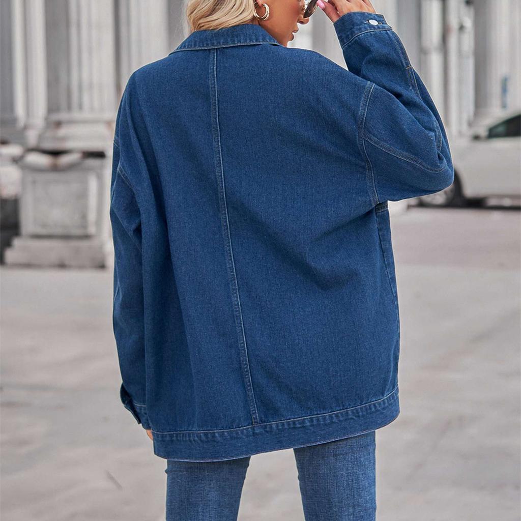 Jachetă Denim cu Mâneci Lungi Largă Casual Guler Turn-Down cu Nasturi Umeri Căzuți Palton Outwear cu