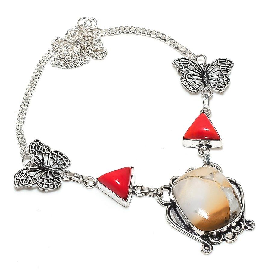 Natural Polka Dot Agate, Coral 925 Sterling Silver Jewelry Necklace 18" H6s53