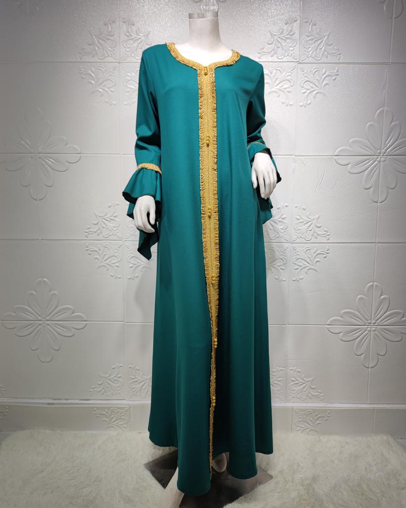 Odzież Muzułmańska Bliski Wschód Malajska Rękaw Liść Lotosu Haftowana Złota Koronkowa Sukienka Muzułmańskie Kobiety EMA