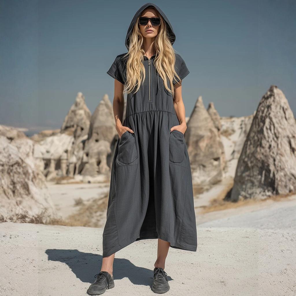 Damen Vintage Baumwoll-Leinen Kapuzen-Halbreißverschluss Mittellanges Kleid