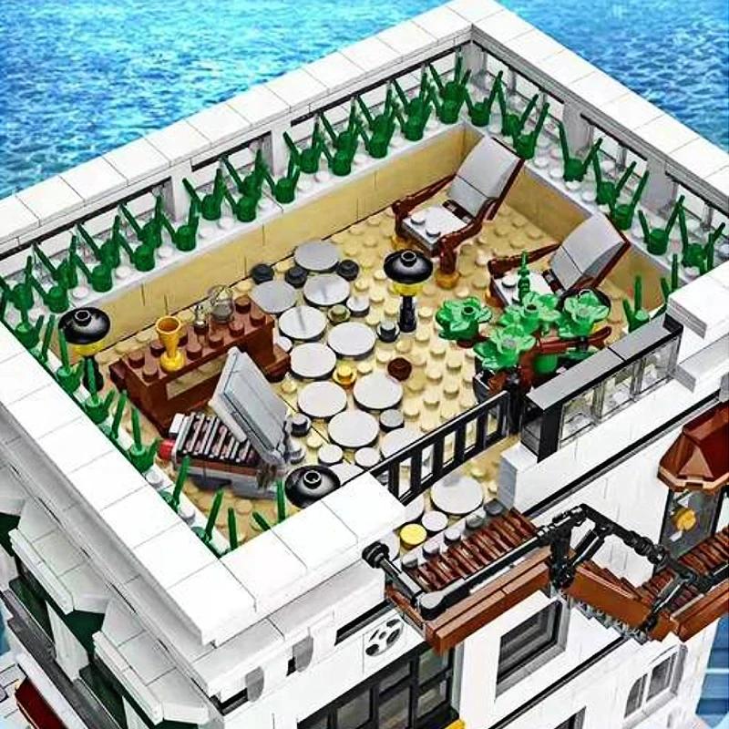 Non-Toxic 4132Pcs Seafood Restaurant Model Building Blocks Creative City Street View Moc Bricks Set With Light Desktop Ornaments Kids Toys