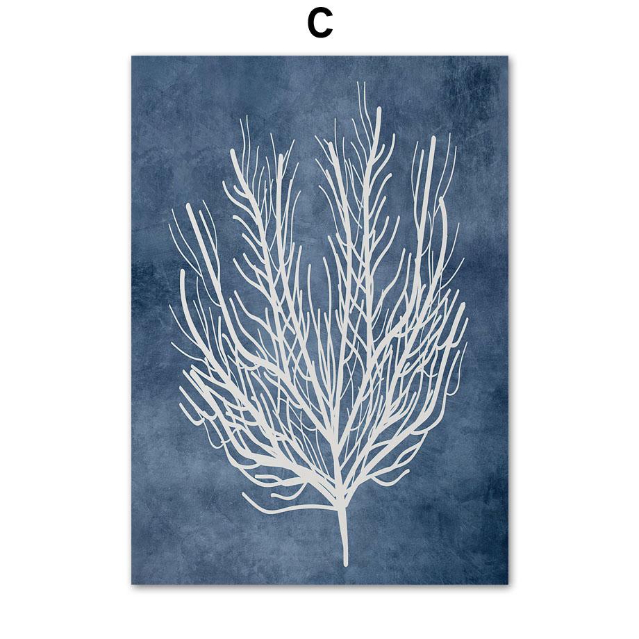 Marineblaue Meereskorallen-Algen-Wand-Kunst-Leinwand-Malerei, nordische Poster und Drucke, Strandhaus-Wandbilder für Wohnzimmer-Dekor