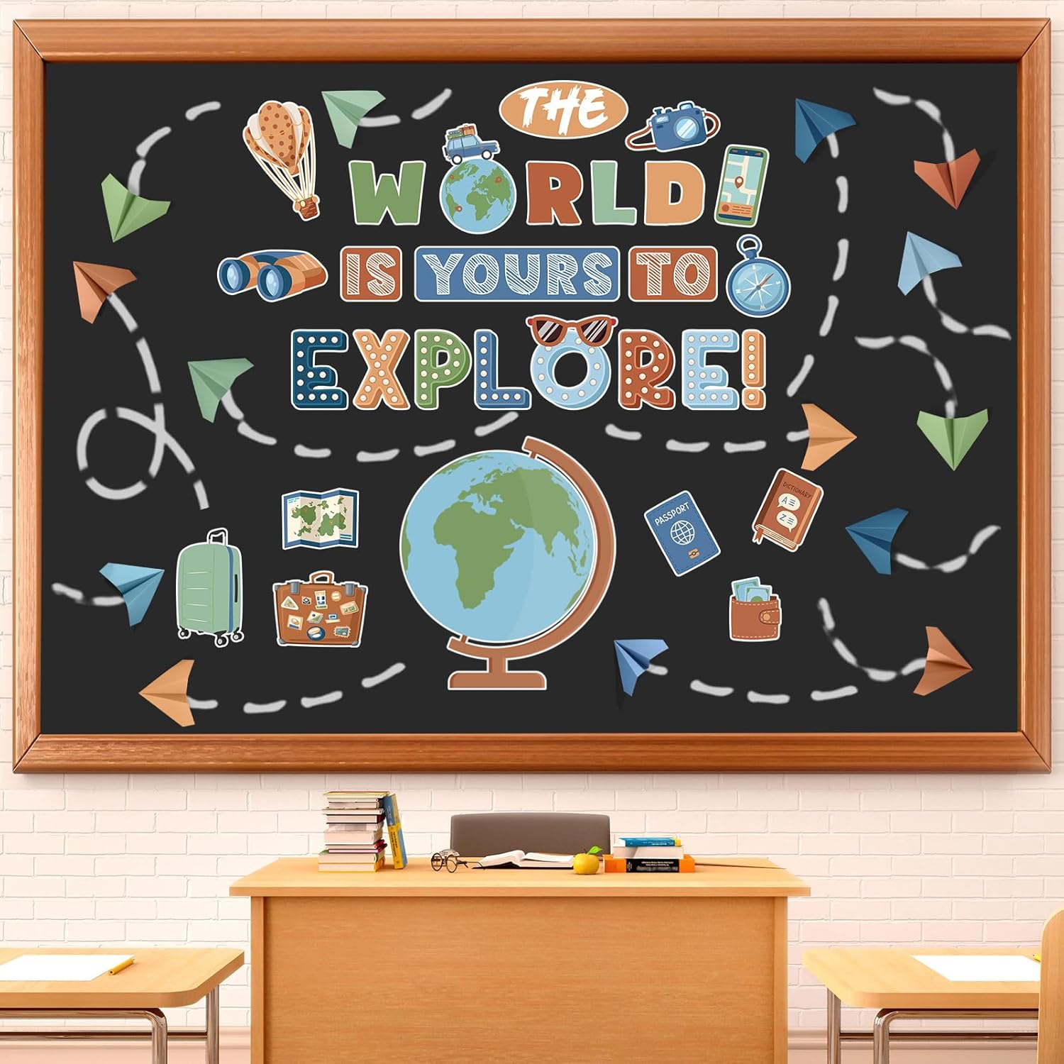 Pasimy 47 Pcs Explore Travel Bulletin Board Decorations Set Travel Map Classroom Decor with The World is Yours to Explore Plane Globe Cutouts Party Boho